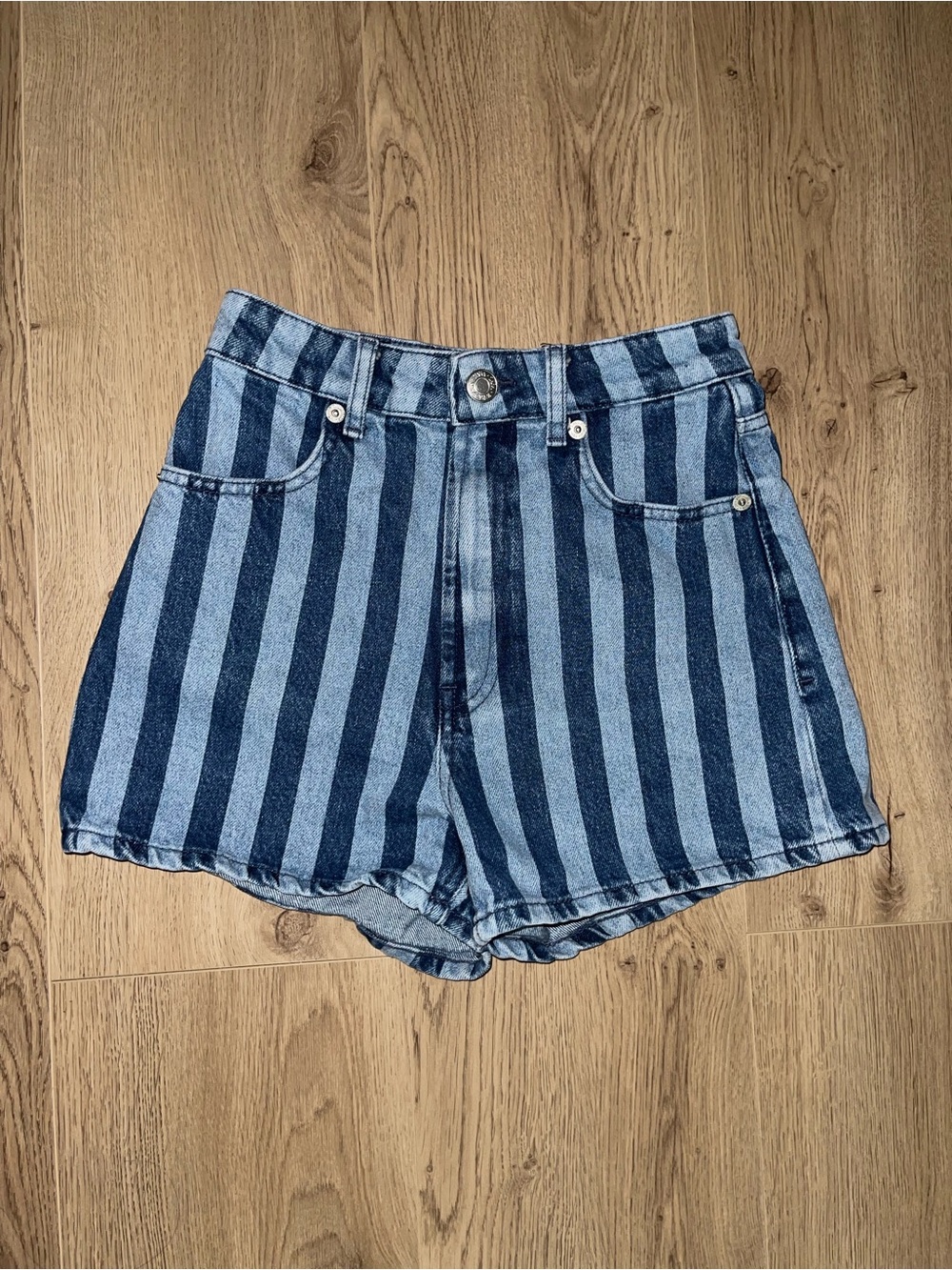 Zara High-Waist Vertical Stripe Denim Shorts - Light & Dark Blue (2)